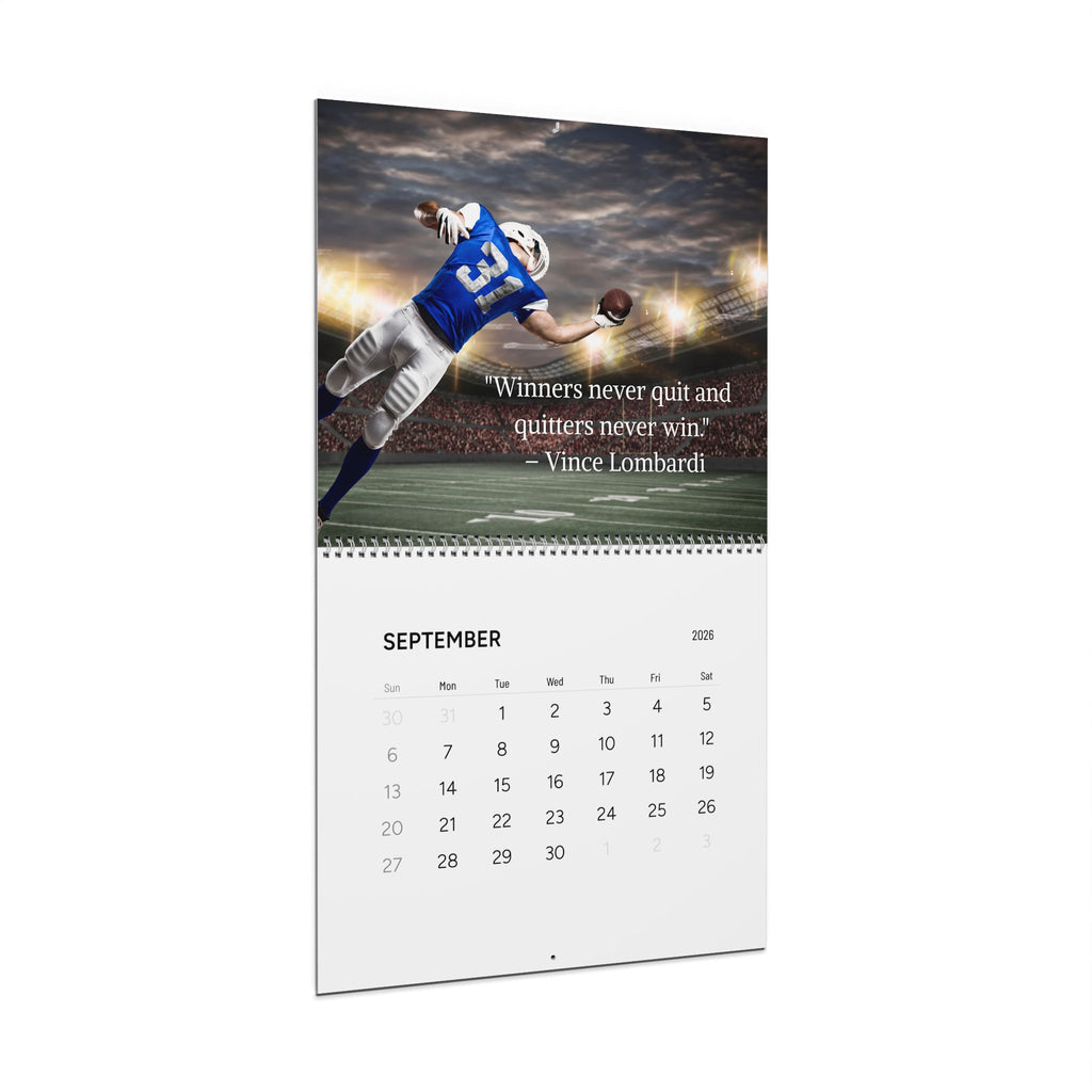 Calendar with a soccer player in action on the cover, featuring a motivational quote.